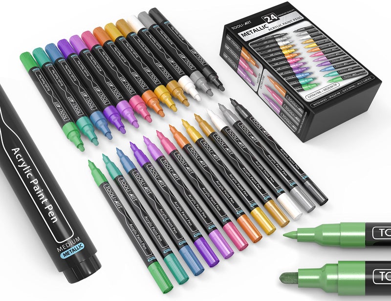 TOOLI-ART Acrylic Paint Markers Paint Pens Special Colors Set Extra Fine And Medium Tip Combo For Rock Painting, Canvas, Fabric, Glass, Mugs, Wood, Ceramics, Plastic, Multi-Surface. Non Toxic, (METALLIC) - Image 1
